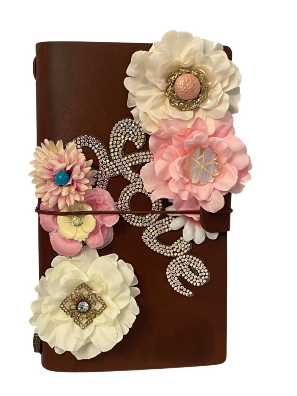 Floral Embellished Leather Journal with vintage and antique bits